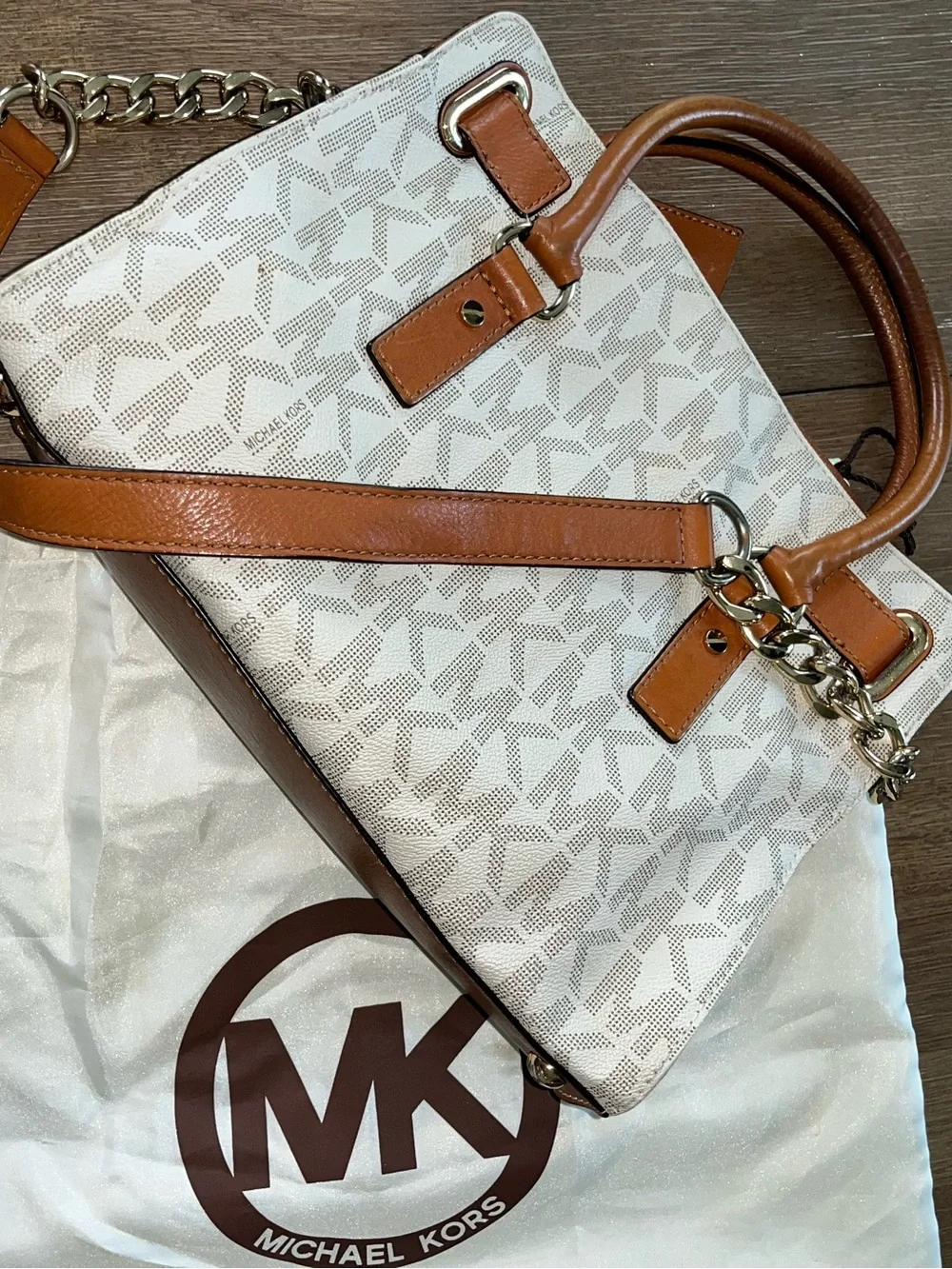 Michael Kors Cream & Brown Signature Satchel with Gold Hardware